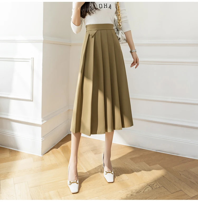 2022 Spring Summer Women's Elegant Pleated Suit Skirts High Waist Fashion Office Ladies Elastic Waist A-line Midi Skirt Vintage brown skirt