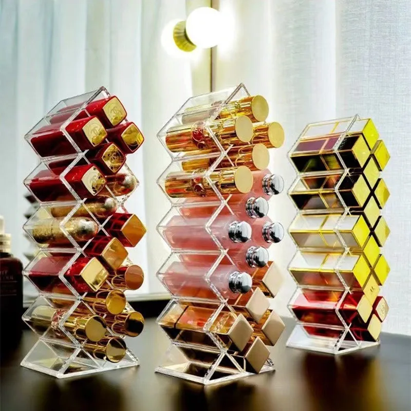 Acrylic Lipstick Holder Organizer 12/16/28 Slots Clear Lip Gloss Fish Shape Tower Case Display Stand Storage Box Makeup Cosmetic 5
