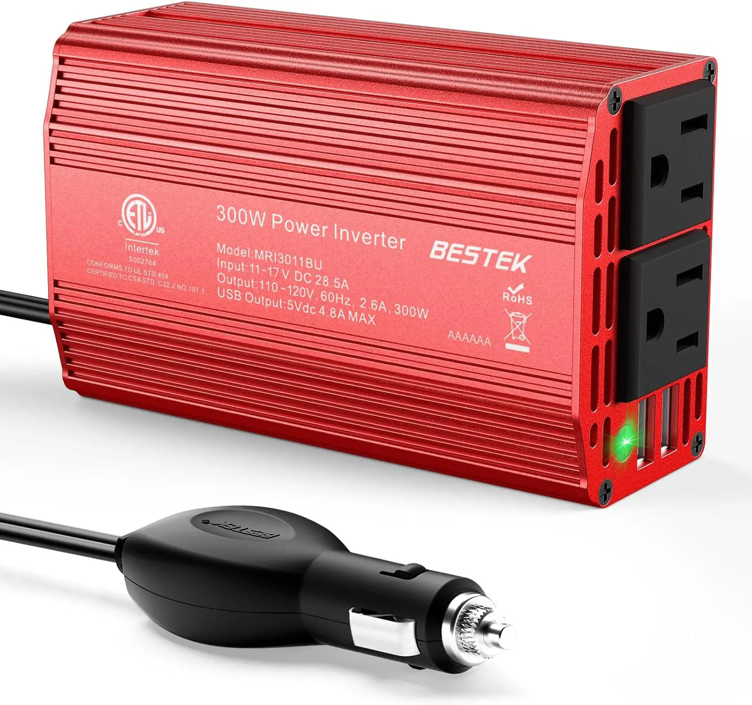 BESTEK Power Inverter DC 12V To AC 110V - 300W Car Plug Adapter Outlet With  4.8A Dual USB Fast Charging Port - Car Charger Cigar