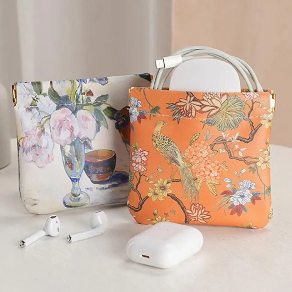 Flower Bird Print Automatic Closing Coin Purses Women Coin Pouch Travel Lipstick Cosmetic Bag Fashion Waterproof PU Storage Bags