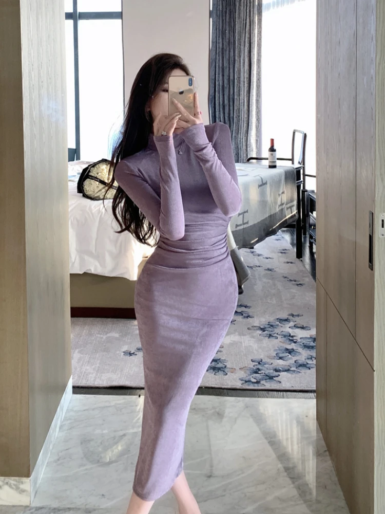 

2023 Spring Autumn Chic Sexy Bodycon Dress Women Korean Style Solid Color Long Sleeve Turtlenck Bottoming Dresses Elegant Female