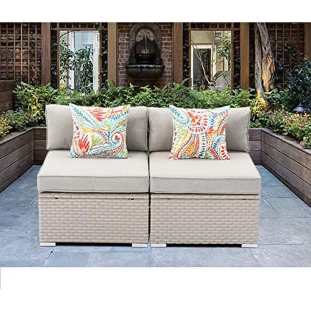 Outdoor Sectional 2-Piece Wicker Sofa in Pearl Gray, w 2 Stripe Pillows, Gray Cushions Elegant Patio Furniture Add-on Armless C 6