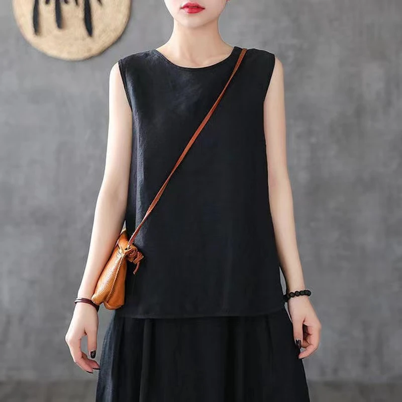 Women's Cotton Linen Set, Sleeveless O-Neck Shirt, Loose Suit, Retro Chinese Style Clothes, Casual Female Clothes, Spring Summer