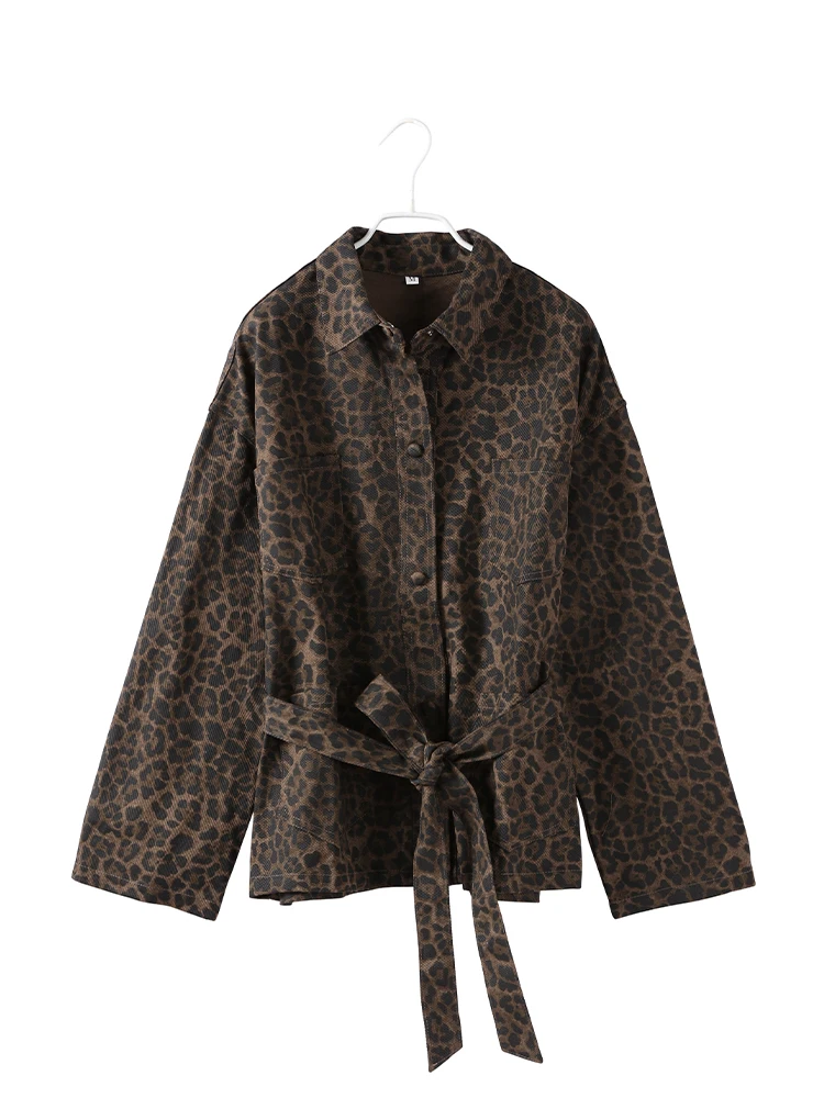 Leopard Print Jackets Women Casual Lapel Big Pockets Belt Coats Female 2025 Spring High Street Lady Outwears 6