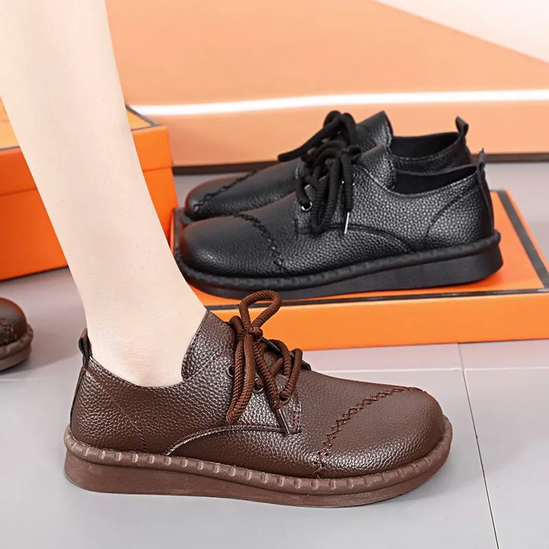 Women's Comfort Flats - Leather Lace-Up Shoes with Anti-Slip Cushioned Sole, Spring/Fall Casual Shoes for Mothers 2026
