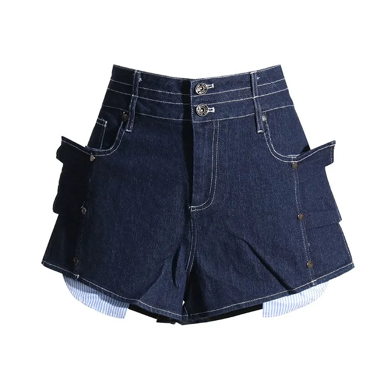 

Women High Waist Rivet Ruffles Denim Shorts Slim Fit Splicing Contrast Streetwear Office Lady Casual Elegent Dark Blue Clothes