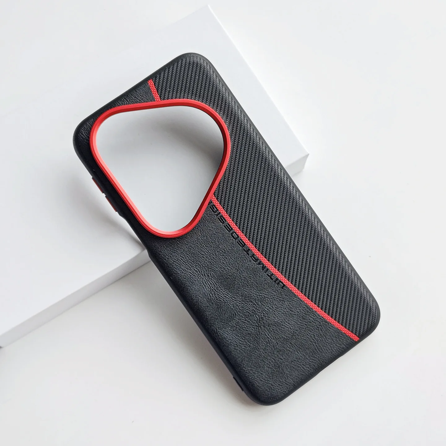 Stylish Red Line Textured PU Leather Case with Metal Keys and Shockproof Bumper