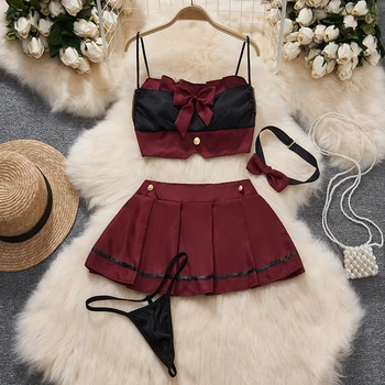 Skirt Bow Sleeveless Camisole Crop Top Sexy Lingerie 2-piece Set Short Hotsweet Cosplay Suits Women Youthful Contrast 1