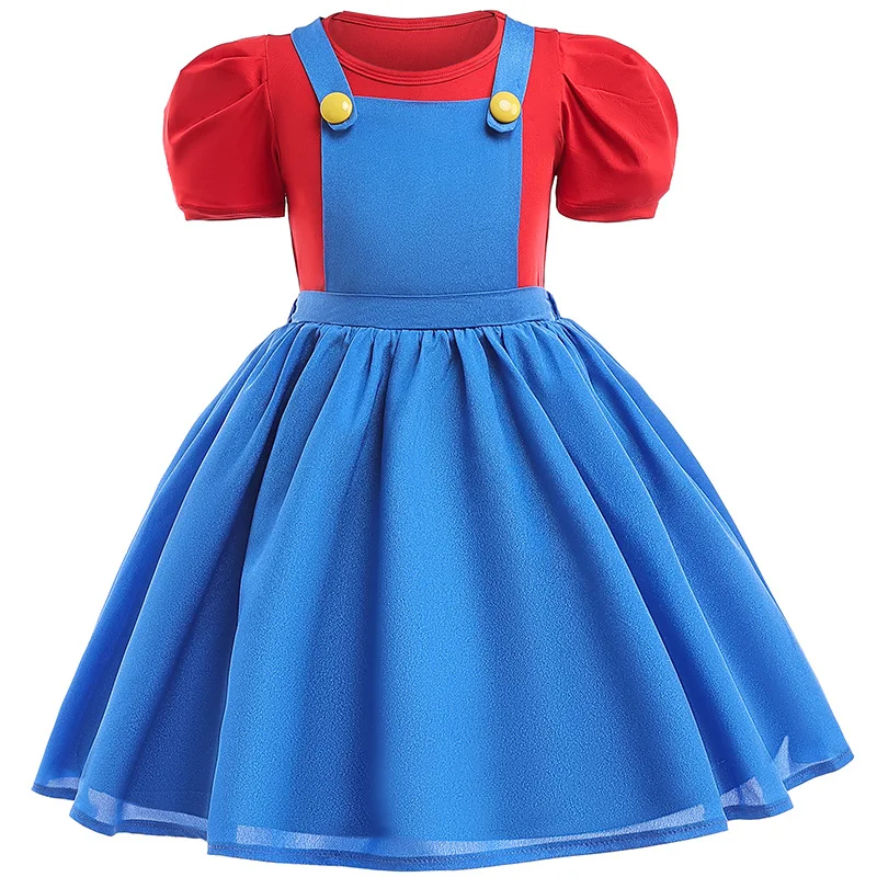 Cosplay Costume Kids Girls Dress Child Cartoon Bros Cosplay Suit Short Sleeve Top+Dress With Hat Girl Halloween Party