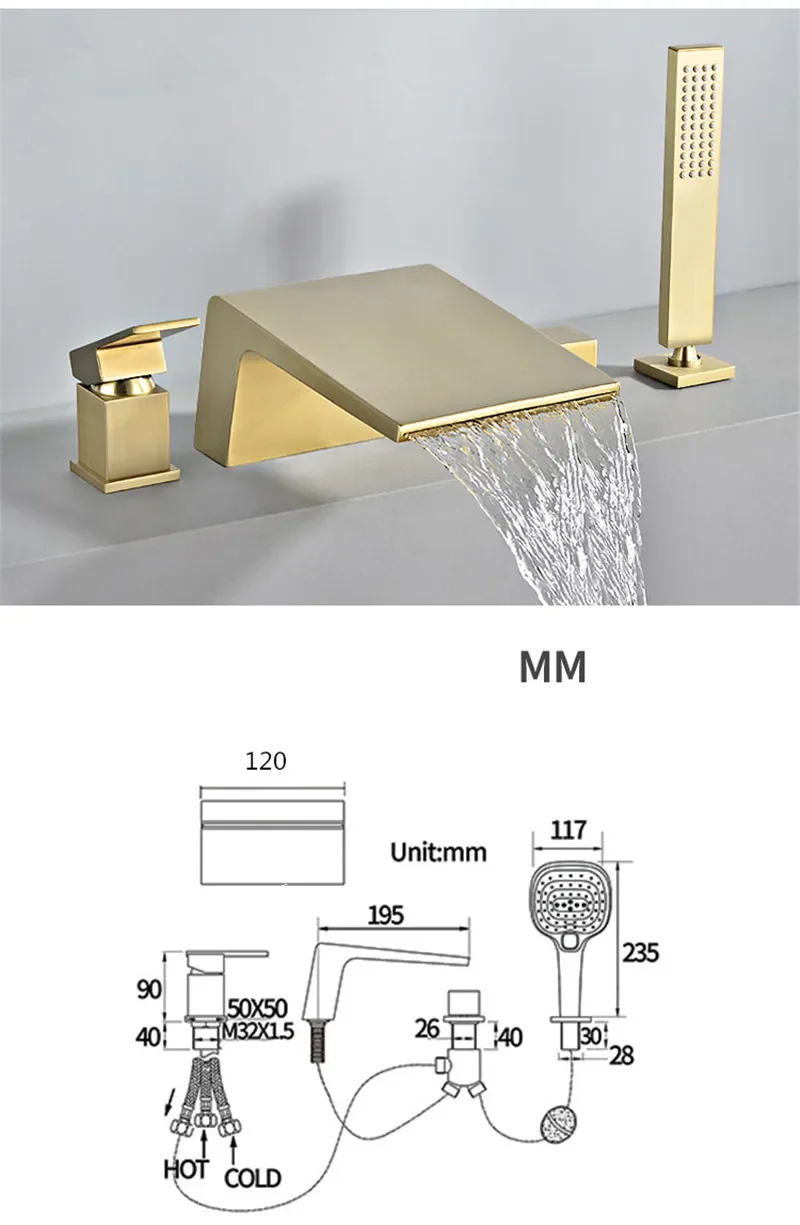 Description Picture 6 of itemBathtub Faucet Widespread Tub Sink Mixer Tap Brushed Gold Brass Basin Bath Shower with Hand Head