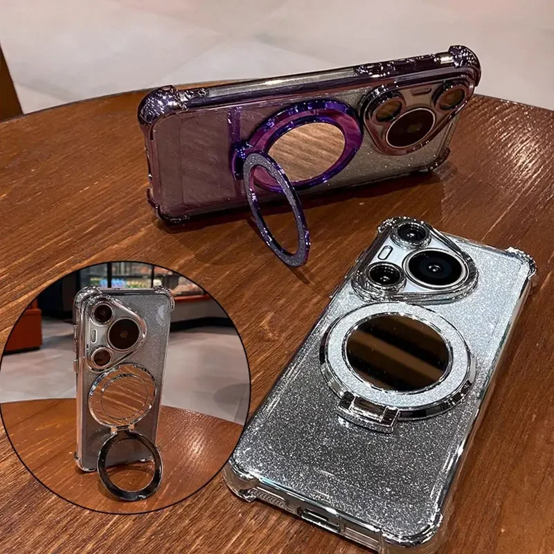 Elegant Bling Glitter Silicone Phone Case with Mirror Holder and Stand Feature