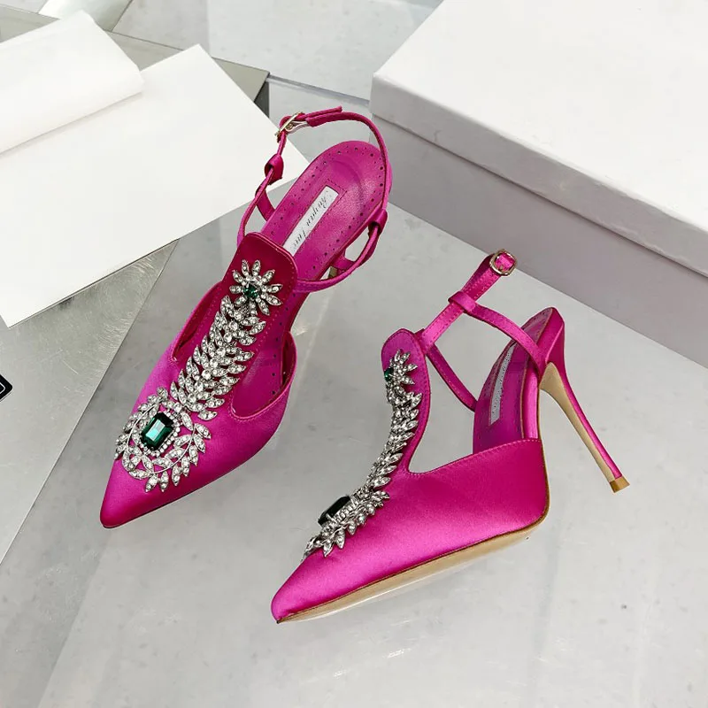 Ladies Wedding Shoes Rhinestone Pointed Toe High Heels Satin Gemstone