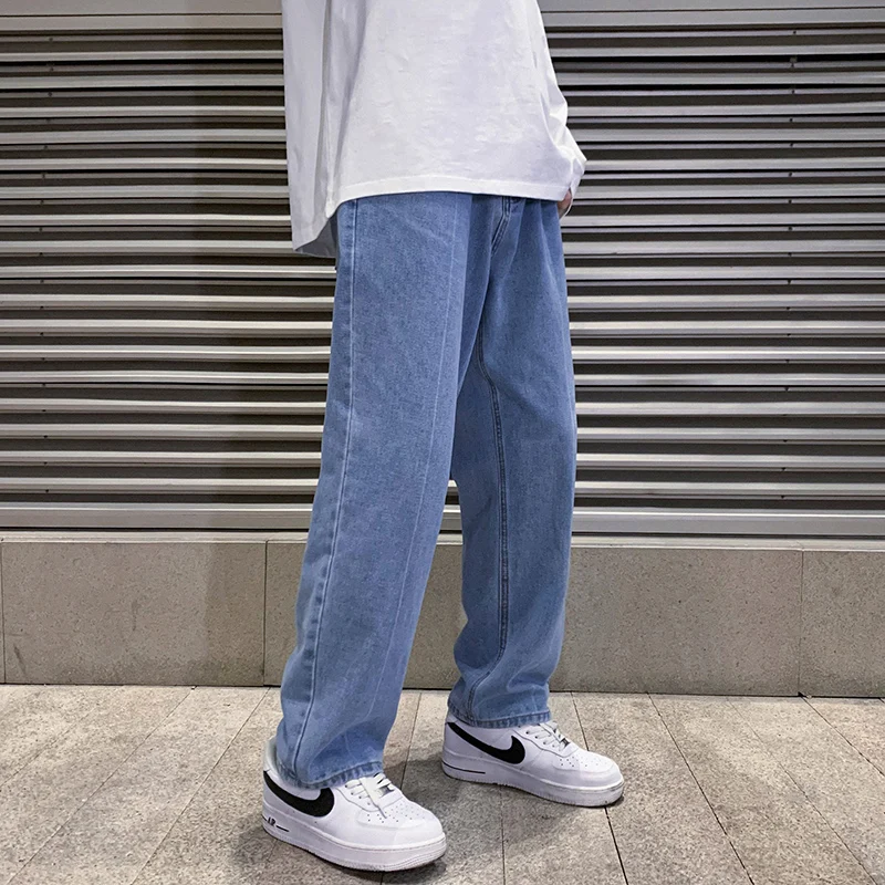 2022 Spring New Men's Light Blue Wide Leg Jeans Korean Style Streetwear Baggy Denim Pants Loose Straight-leg Trousers Male