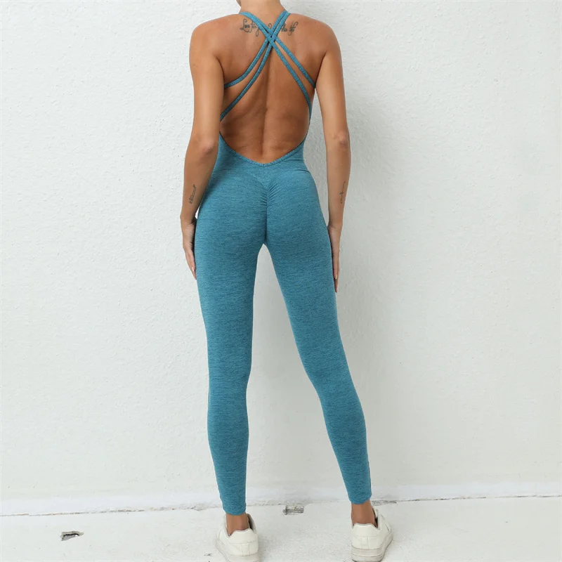 SVEIC Yoga Backless Jumpsuit Fitness Catsuit Bodysuit Sportswear Scrunch Booty Leggings Workout Sexy One Piece Sets Gym Clothing