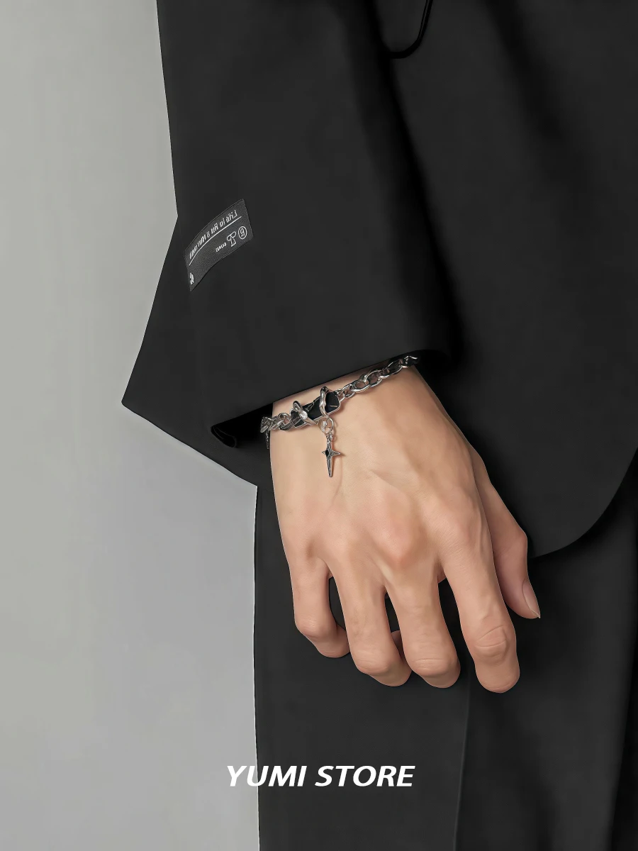 Bracelet Hip Hop Obsidian Star Bracelet For Men Women Punk Design Non-Fading Titanium Steel Luxury Charm Couple Jewelry Kpop Gift