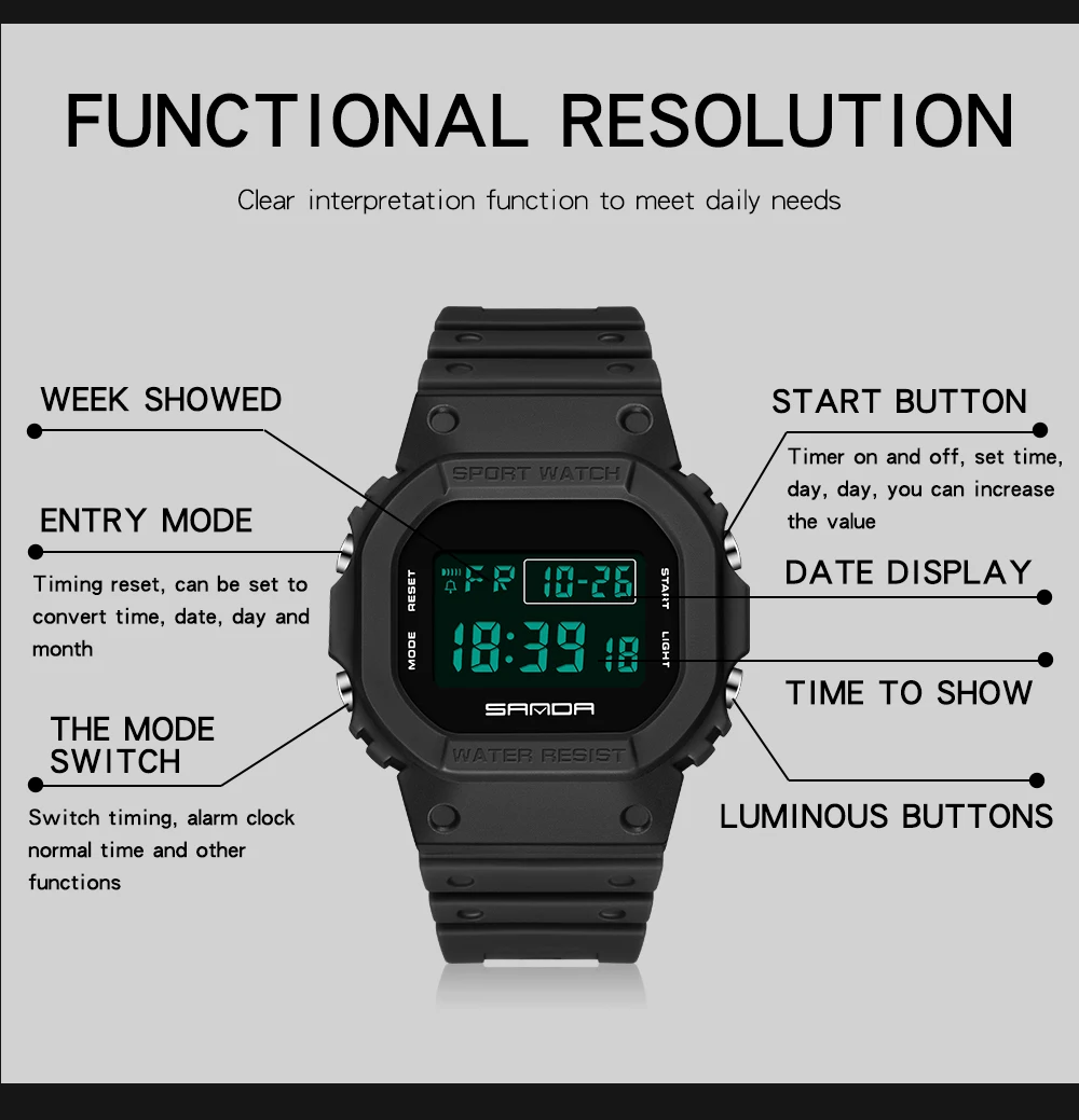 SANDA 2107 Waterproof Luminous Digital Watch Military Sports Men Wristwatch Men's Watches Relogio Masculino relojes para hombre