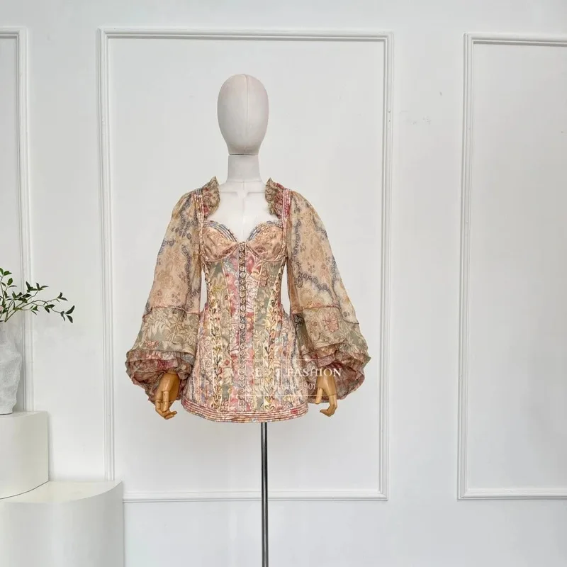 Women Dress 2026 Autumn New High Qaulity Floral Pink Brown Floral Print Long Lantern Sleeve Backless Mini Dresses