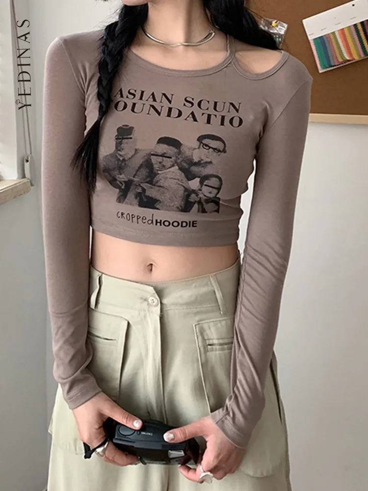 

Yedinas Graphic Print T-shirt Women Long Sleeve Slim Cropped Tops Y2k Vintage Crop Tops Harajuku Streetwear Tee Tops Korean 2022