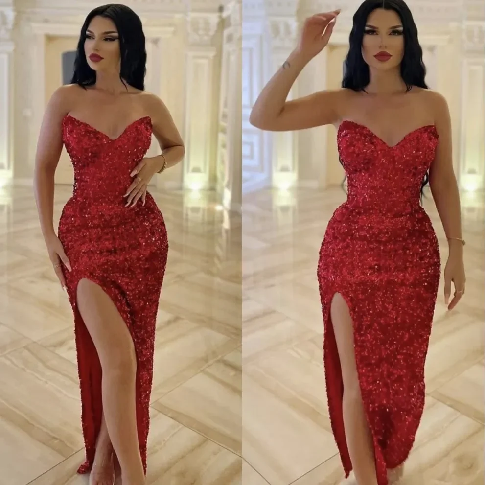 

Glitter Burgundy Prom Dresses 2024 Formal Evening Party Pageant Gowns High Split Sweetheart Sparkling Sequins Middle East Dubai
