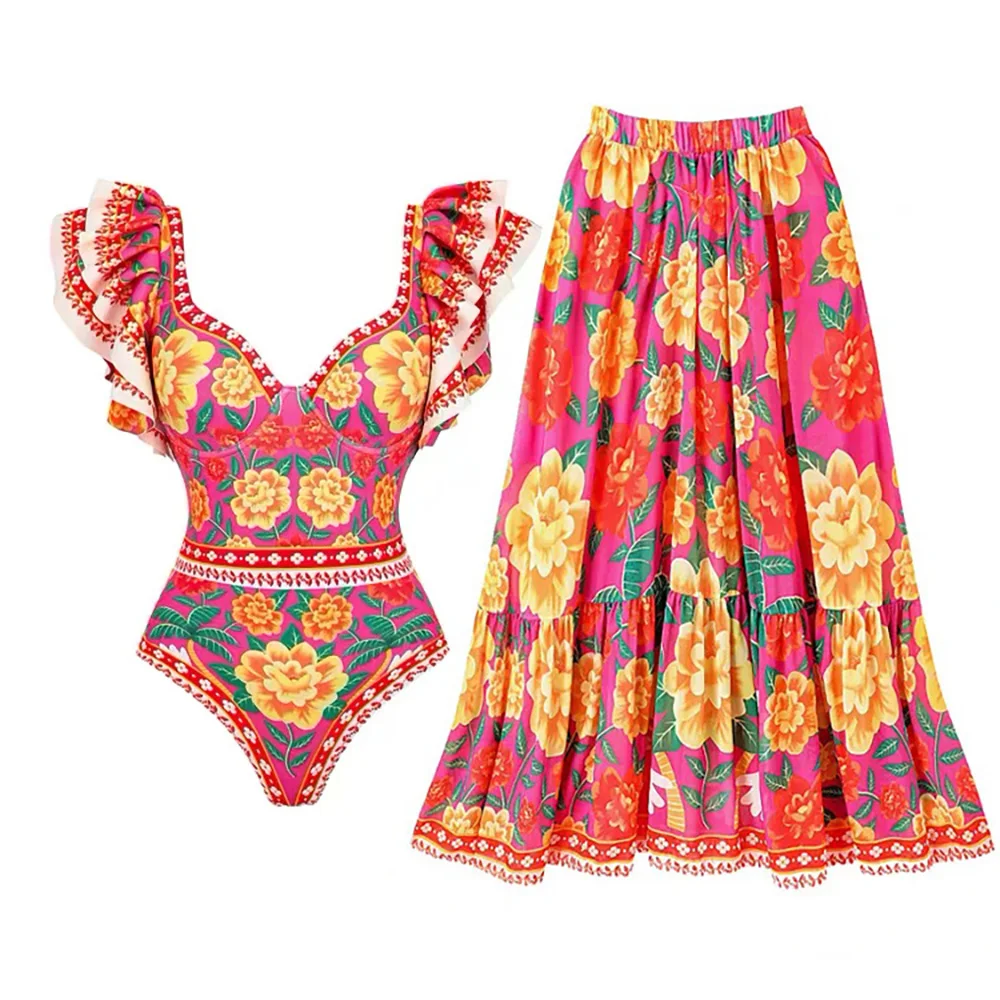 New Sexy One-piece Swimsuit High Waist Bikini  Women's Printed Swimsuit Wrap Skirt Set Swimwear Beachwear Cover Up