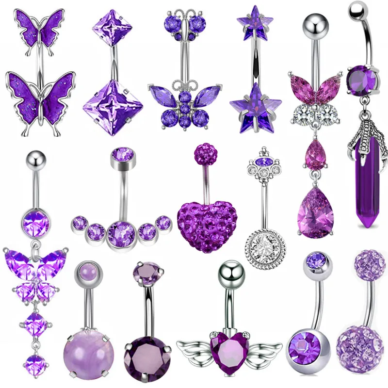 1 Pz Viola Farfalla Ombelico Anelli 14G Stella Pancia Anello Carino Cuore Cristallo Ombelico Bilanciere Gioielli Piercing Ombligo Mujer