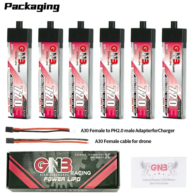 6PCS GNB 3.8V 720mAh 1S 100C/200C HV 4.35V LiHV Battery With A30 Male Connector For RC FPV Drone DIY Plug VS BT2.0 3