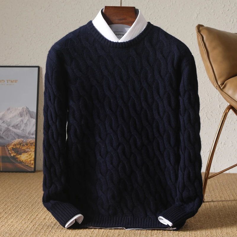 Autumn Winter Thickened Cashmere Sweater 100% Merino Wool Men's Top O-Neck Twisted Pullover Knitted Loose Long Sleeve Sweater 4