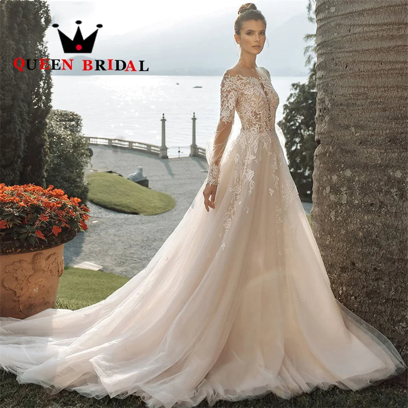 

Elegant Long Sleeve A Line Wedding Dresses Illusion O Neck Appliques Floor Length Bridal Gown Vestido De Noiva Custom S09Y