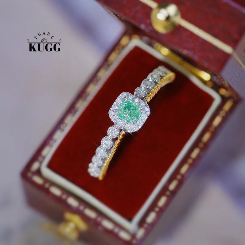 

KUGG 18K White&Yellow Gold Rings Elegant Square Design Romantic Style Real Natural Green Diamond Ring for Women Wedding Jewelry