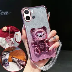 Shockproof Phone Case with Cute 3D Bear Stand and Crystal Chain Lanyard, Transparent Back Cover for Tecno Spark Go 3 (Pink)