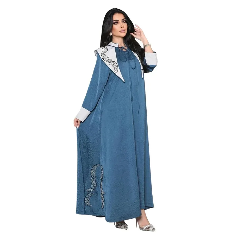 

Fashion Turkish Abayas Basic Diamonds Contrast Color Long Dress Casual Loose Muslim Full Sleeve Clothing For Women
