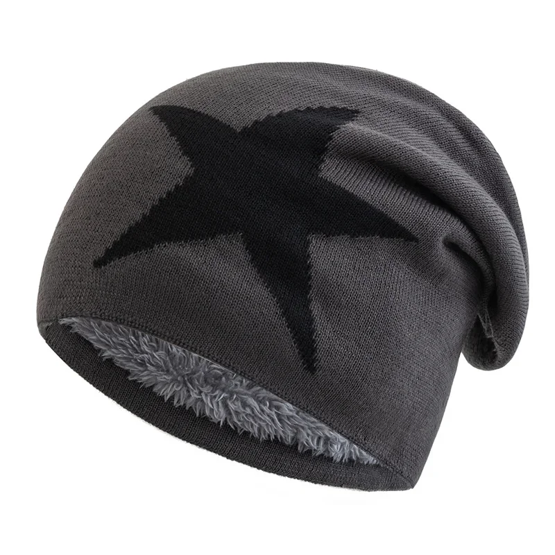 Unisex Slouchy Winter Hats Big Five Star Pattern Warm Hats For Men Women Plush Fur Lined  Fashion Ski Beanie Cap