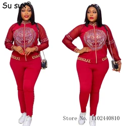 African Clothes For Women Dashiki Plus Size Sequins Perspective 2 Piece Set African Dress Mesh Sleeve Coat Outfits Vestidos Spor