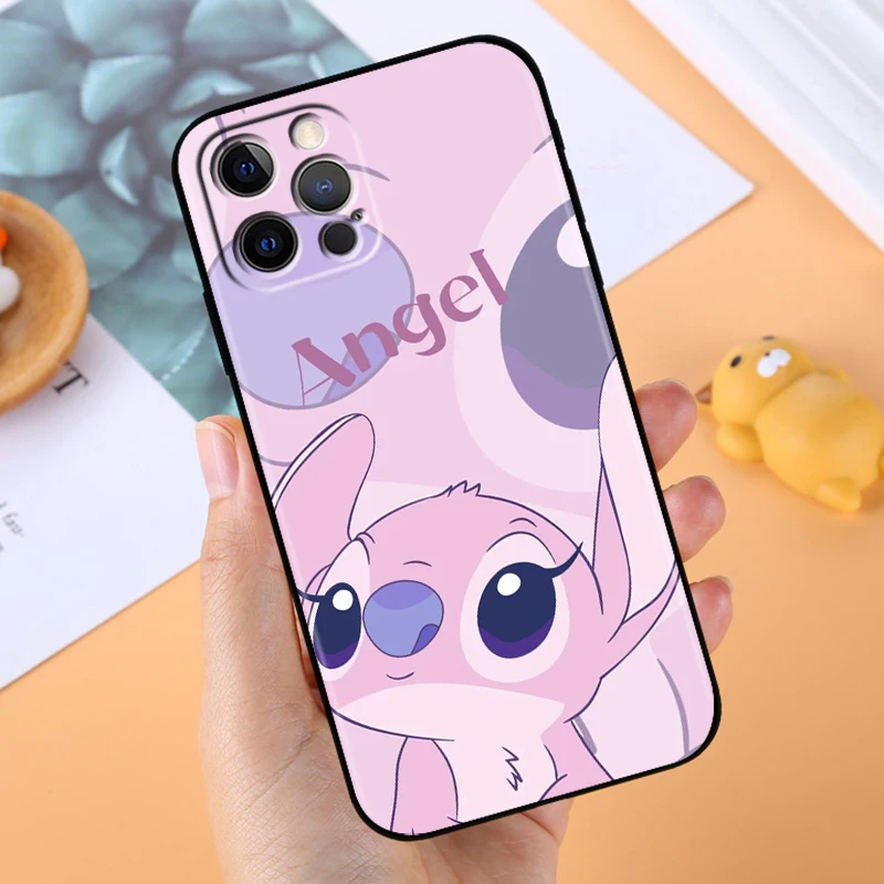 Funda de teléfono negra de Anime Stitch para Apple iPhone 14, 13, 12, 11, X, XS, XR, 8, 7, 6 Pro Plus, Max, Mini, 5 SE