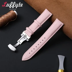 Luxury Leather Watch Strap with Lychee Pattern and Butterfly Buckle - Elegant Black, Brown, and Green Wristband - 22mm (Pink)