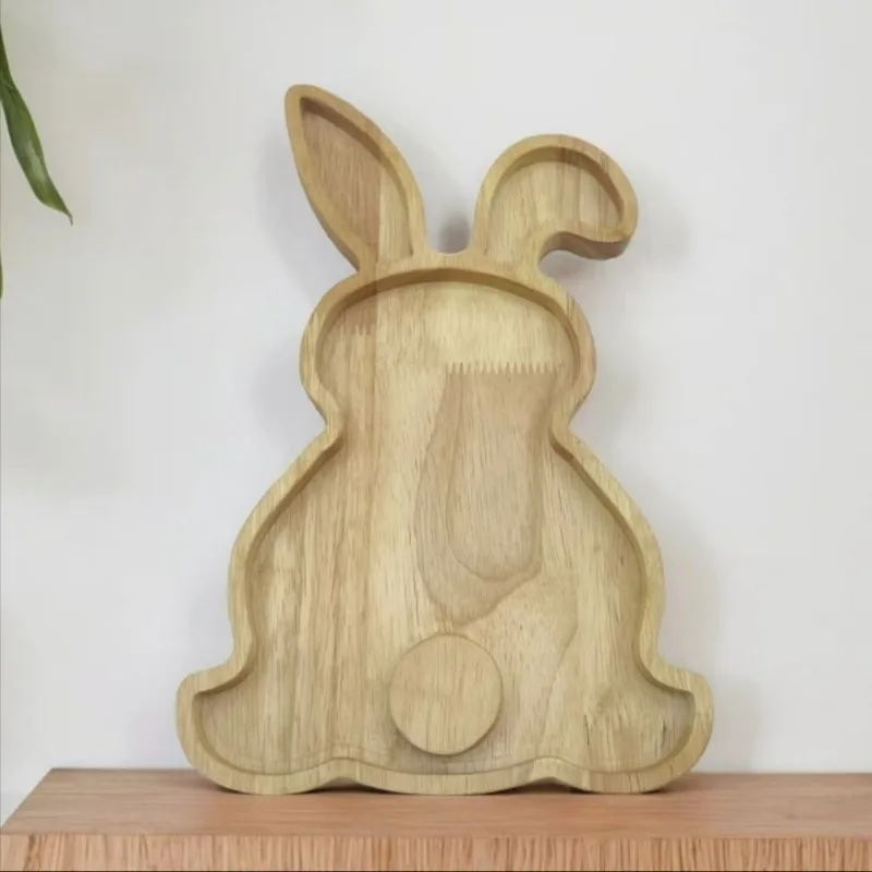 Cute Easter Bunny Wooden Tray Living Room Fruit Serving Cake Dessert Bread Display Plate Kid Complementary Food Cutlery Supplies
