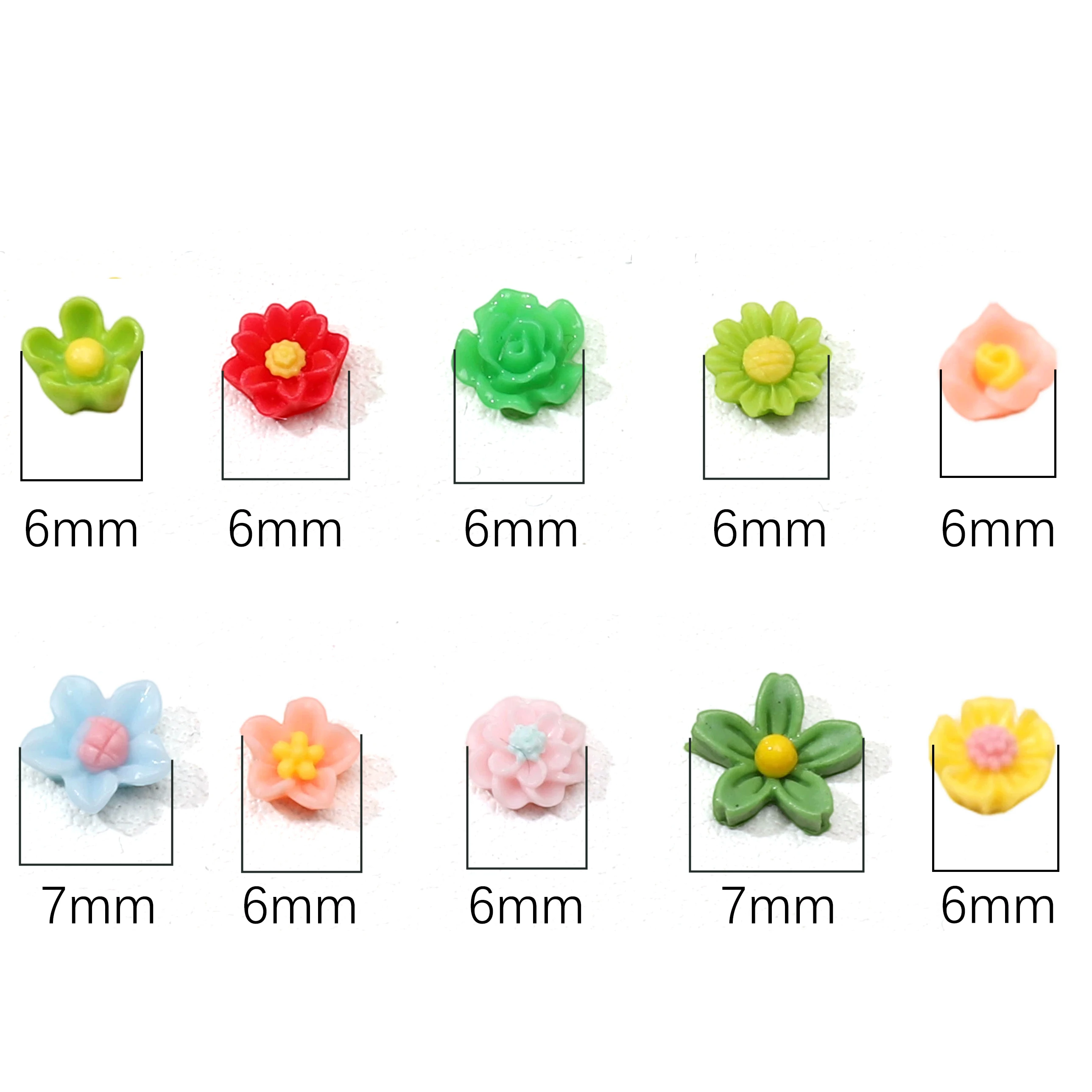 50pcs 6-7mm 혼합 색상 귀여운 수지 꽃 구슬 구멍 없음 느슨한 구슬 의류 스크랩북 장식 용품 DIY 액세서리