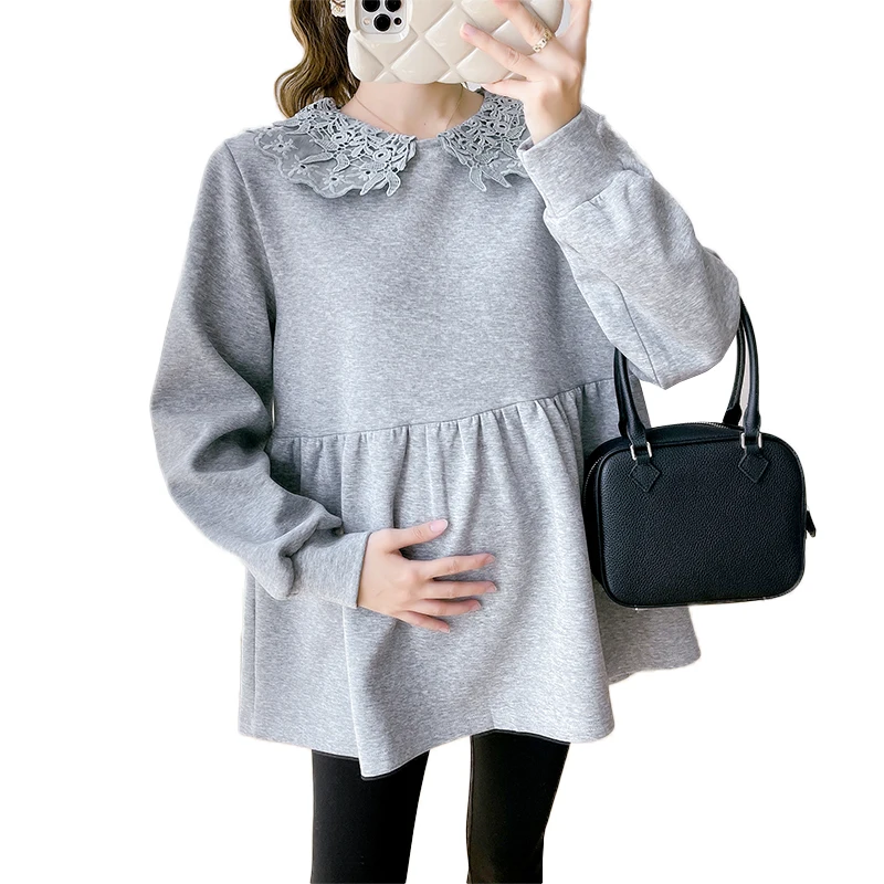 Spring New Pregnant Woman's Long Sleeved Doll Shirt Sweet Lace Peter Pan Collar Long Lantern Sleeve Maternity Blouses Tops