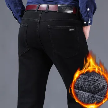 2025 New Business Casual Trousers Grey Fleece Men Clothes Black Blue Elasticity Warm Winter Jeans Velvet Jeans 28-40 1