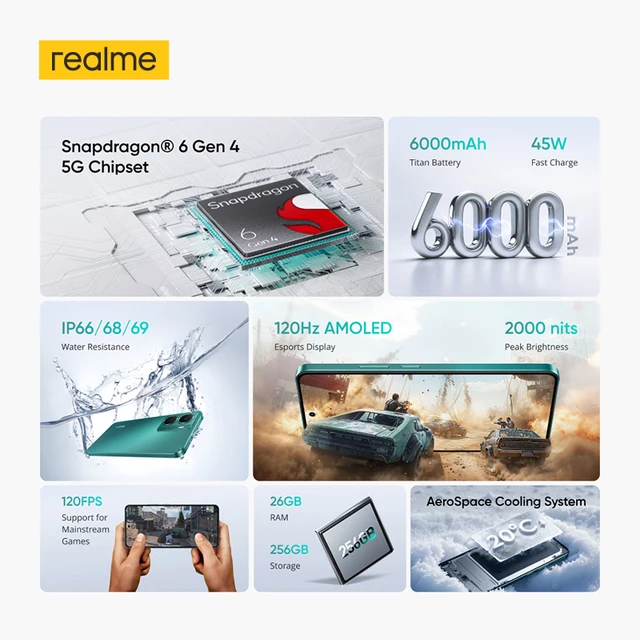 Version globale realme P3 5G Smartphone Snapdragon 6 Gen 4 Écran AMOLED Esports 120Hz Caméra AI 50MP Batterie 5260mAh 45W Charge IP69 Résistance à l'eau 2