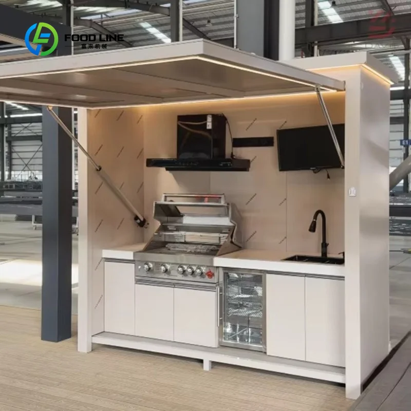 Isola Cucina da Esterno Personalizzata con Telaio in Lega di Alluminio, Lavello e Spazio di Stoccaggio, Leggera, Resistente e Perfetta per Spazi di Cucina