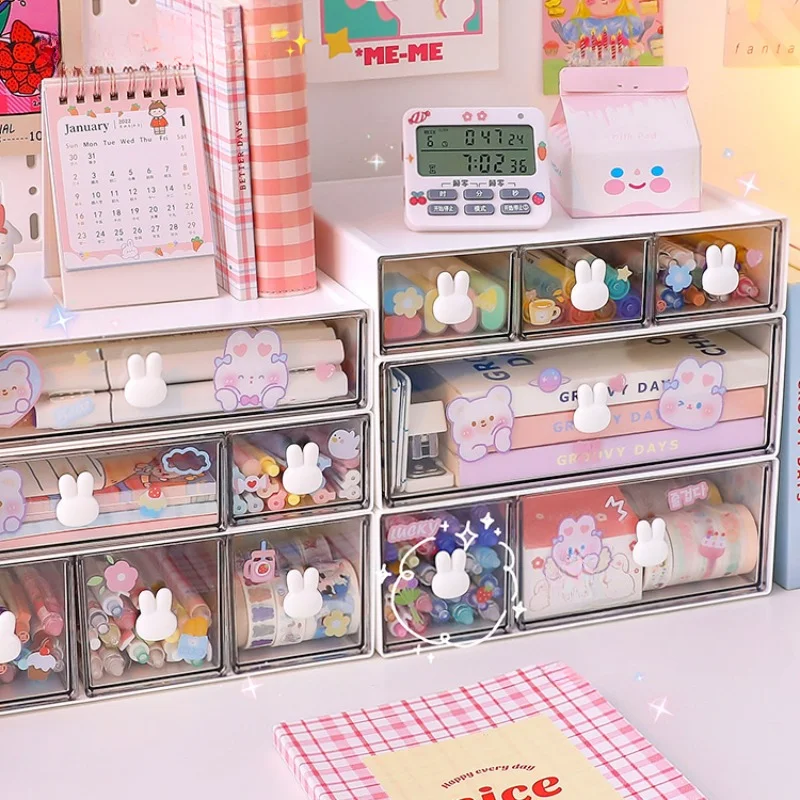 Drawer Type Desktop Storage Box Set Student Ins Stationery Transparent Acrylic Dormitory Desk Organizer Shelf Send Cute Stickers drawer type table storage box transparent sundries box stationery files storage box