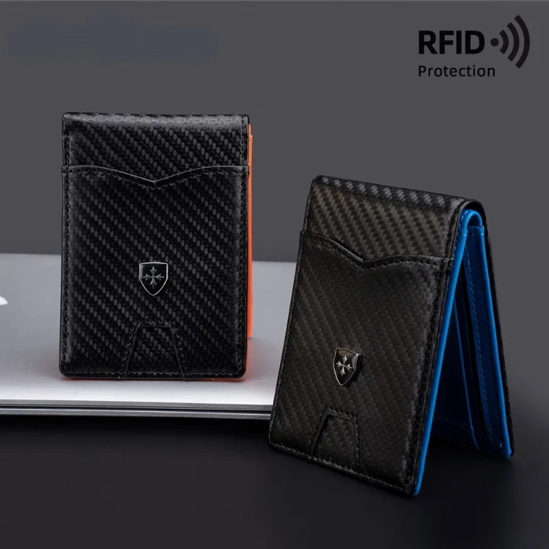 

New Men's Card Bag Simple Multi-card Short Type Dollar Clip Carbon Fiber Thin Card Holder RFID Protection PU Solid Color Bag