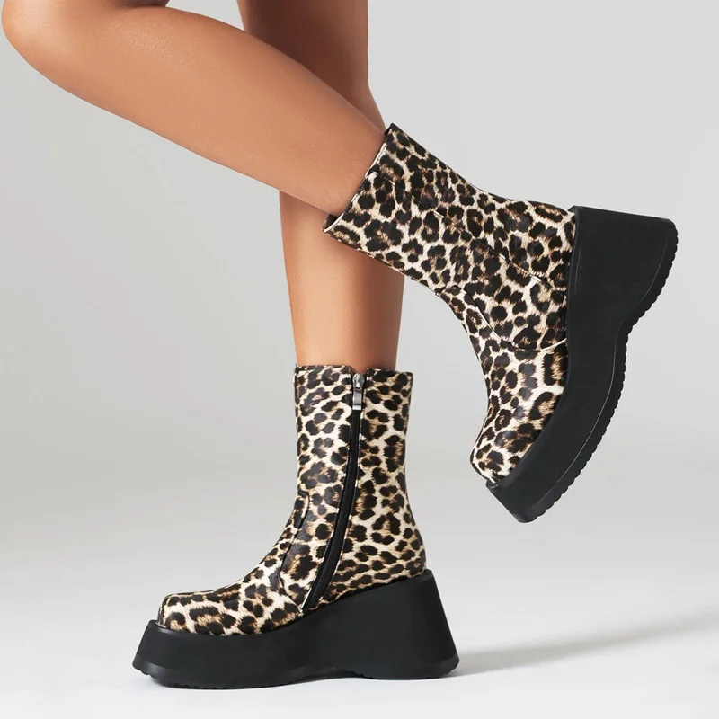 

autumn winter boots shoes woman motorcycle boots printed leopard print leather wedge ankle boots for women platform high heeled