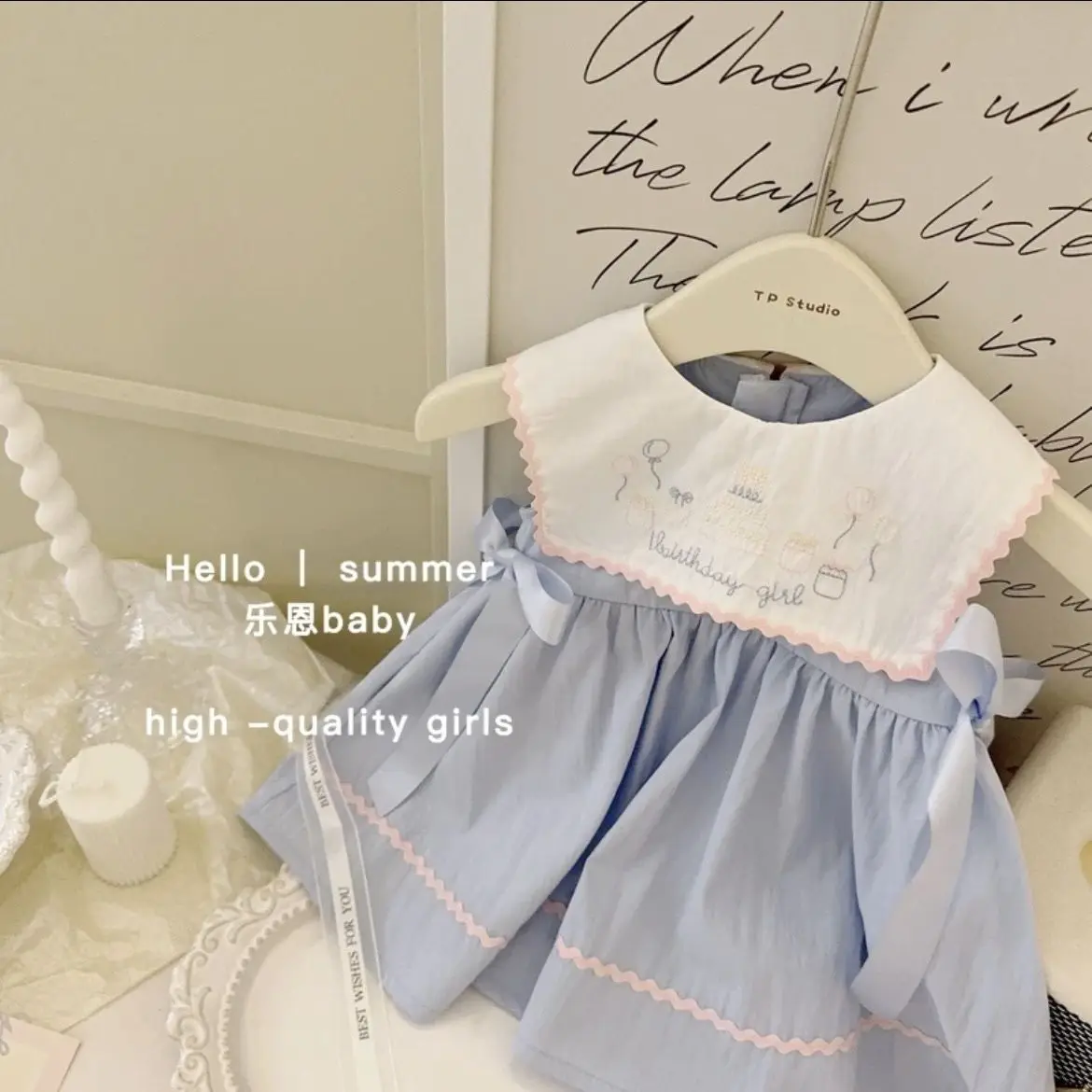 Baby Girls Summer Dress Fashion Bow Kids Embroidery Collar Sleeveless Birthday Princess Dresses Children Clothes Vestidos Girls Dress Princess Costume Kids Clothes