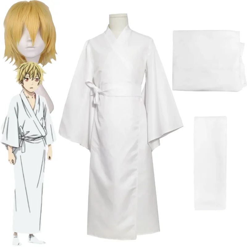 

Anime Noragami Yukine Cosplay Unisex Golden Wig White Robe Japanese Kimono Belt Halloween Carnival Party Costumes