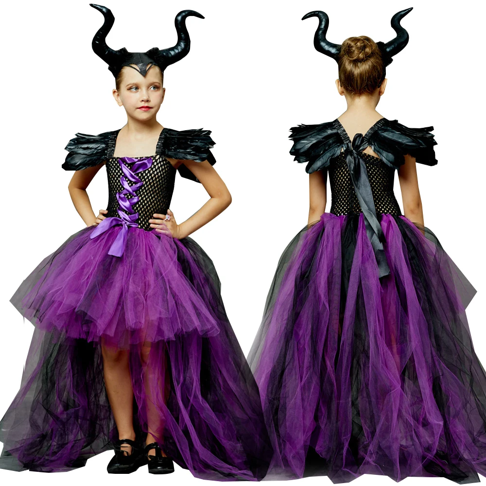thumbnail image 1 of Conjunto de 3 piezas para Halloween, disfraz de maléfica para niña, trajes altos y bajos, vestidos de malla con capa de plumas para fiesta de Carnaval, 1 of 5