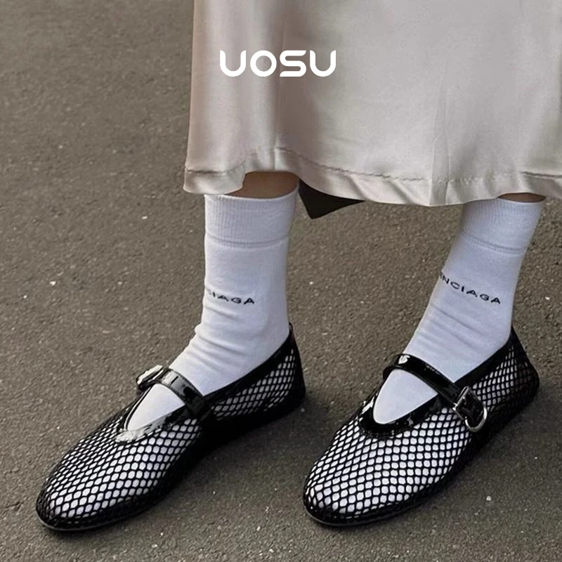 

Ballet Flats Black Woman Shoes Air Mesh Luxury Designer Ins Blogger Fashion Round Toe Belt Buckle Sandals Summer Trend 2024