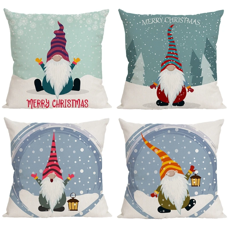 

4Pcs/Set Christmas Snowflake Faceless Gnome Throw Pillow for Case Cartoon Swedish Tomte Decorative Square Cushion Cover