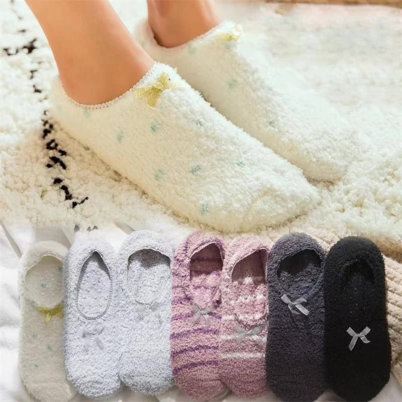 

Plush Slippers Women Cute Coral Fleece Socks Stripe With Bow House Shoes Sleep Warm Socks Non-slip Floor Socks Fluffy Slippers